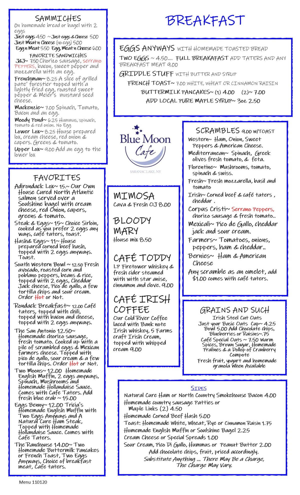 Restaurant Menus and Specials Blue Moon Cafe